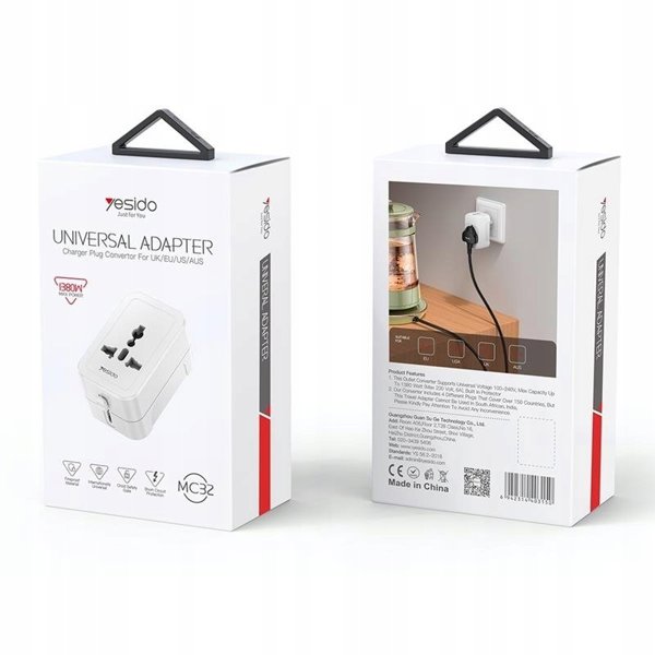 yesido MC32 Uniwersalny Adapter UK/EU/US/AUS Max 6A, White / Bialy