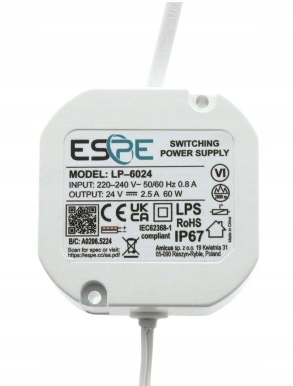 ZASILACZ IMPULSOWY DOPUSZKOWY ESPE LP-6024 24V/60W/2.5A IP67