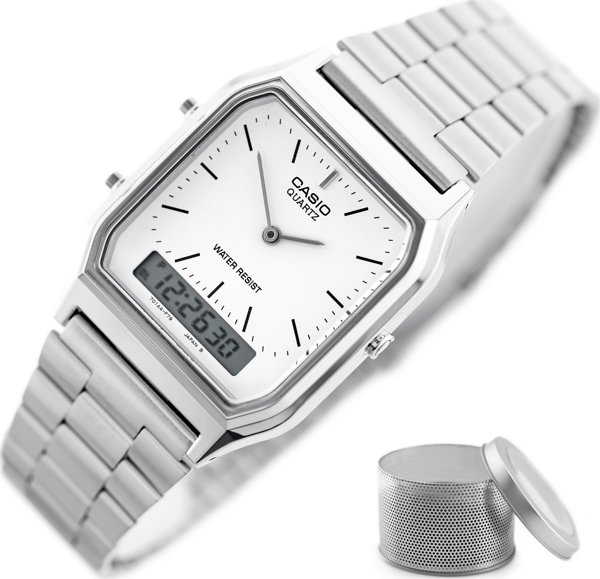 Γυναικείο Ρολόι Casio Vintage AQ-230A-7DMQYES με Ασημί Μπρασελέ και Αναλογική-Ψηφιακή Ένδειξη