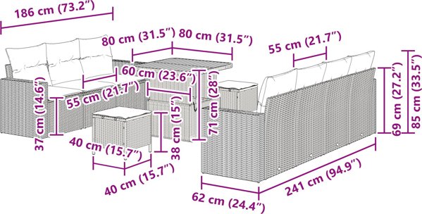 vidaXL Σετ Καναπέδων Κήπου 10 Τεμαχίων από Πολυρατάν και Ξύλο Ακακίας με Μαξιλάρια, Μαύρο