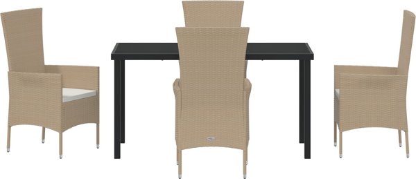 vidaXL Σετ Τραπεζαρίας Κήπου 5 Τεμαχίων, Ρατάν Μπεζ με Μαύρο Τραπέζι από Σκληρυμένο Γυαλί 140x80x73 εκ.