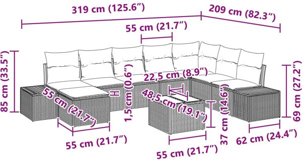 vidaXL σετ 9 τεμαχίων κήπου καναπέδες ρατάν μπεζ και γκρι υφασμάτινο