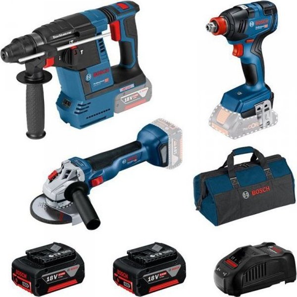 Σετ ηλεκτρικών εργαλείων BOSCH GBH 18V-26 + GDX 18V-200 + GWS 18V-10 + 2XAKU 5.0 AH + GAL 1880CV + ΤΣΑΝΤΑ