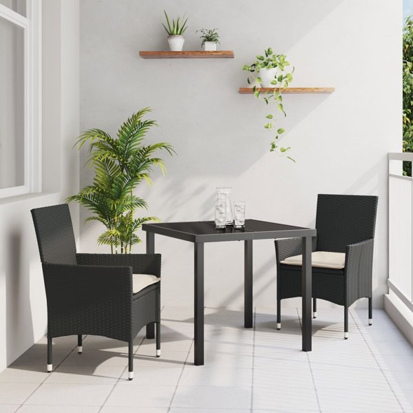 vidaXL σετ τραπεζαρίας 5 τεμαχίων με μαξιλάρια από μαύρο πολυρατάν, τραπέζι κήπου 140x80x73 εκ. με γυαλί ασφαλείας
