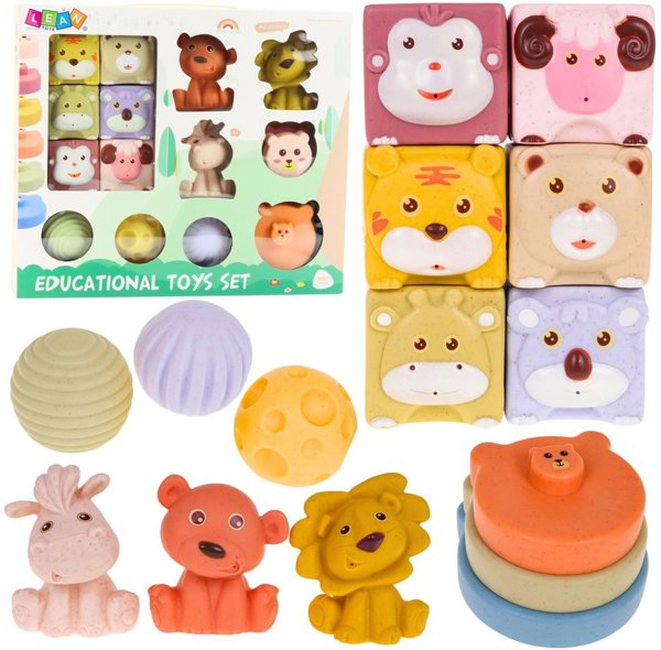 LeanToys Εκπαιδευτικά Μαλακά Τουβλάκια Sensory με Ζωάκια, Οικολογική Γόμα, 18 Τεμάχια