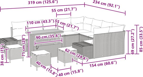VidaXL Σετ Σαλόνι Κήπου 13 Τεμαχίων, Πολυρατάν με Μαξιλάρια, Μαύρο, Ξύλο Ακακίας