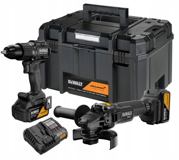 DeWalt Σετ Ηλεκτροεργαλείων 18V DCK2223MP2T με Δράπανο DCD86M, Γωνιακό Τροχό DCG45M, 2x5.0Ah Μπαταρίες και Βαλίτσα TSTAK McLaren