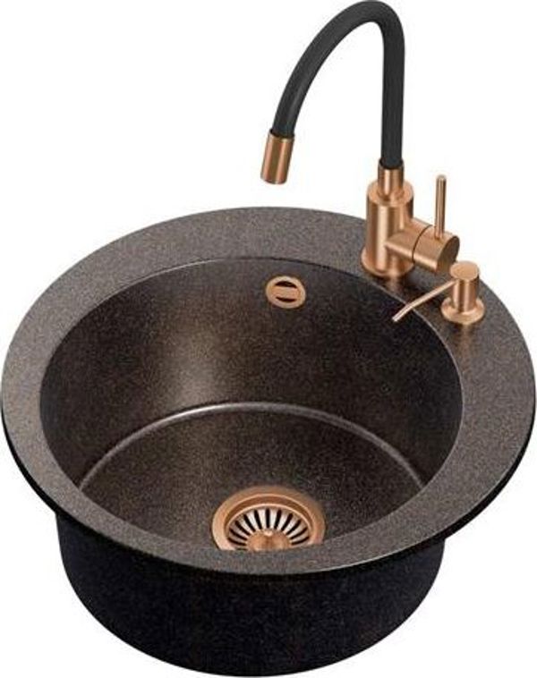 Steiner ART JAMES 210 Πολύγρανση Νεροχύτης (Ø51x20) Steingran Art Copper Black Pearl με χειροκίνητο σιφόνι, βρύση Maggie PVD και δοχείο - μαύρο οπάλιο με χαλκό