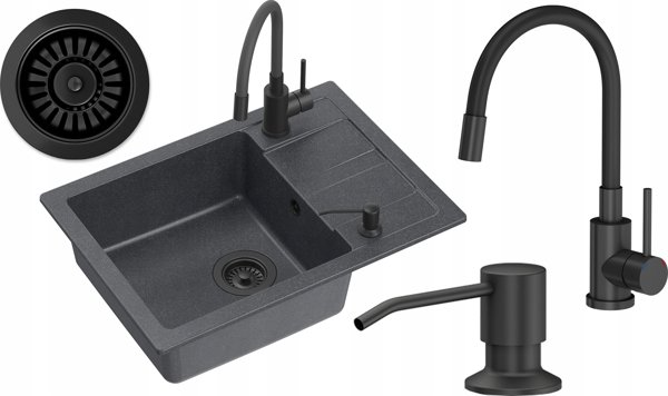 Νεροχύτης GraniteQ Ready-Smart 1-Θέσεων Γρανιτένιος 62x44x17.5cm με Μπαταρία, Ντουζάκι και Σιφόν - Very Black