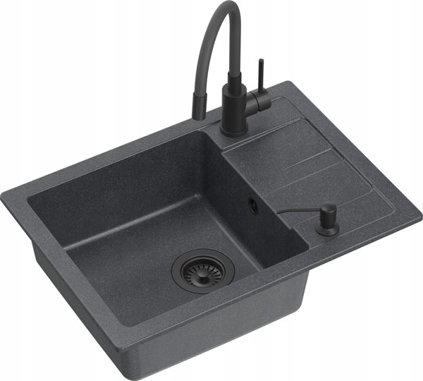 Νεροχύτης GraniteQ Ready-Smart 1-Θέσεων Γρανιτένιος 62x44x17.5cm με Μπαταρία, Ντουζάκι και Σιφόν - Very Black