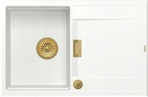 Νεροχύτης Owen OWEN 111 GraniteQ νεροχύτης με σιφόν Push 2 Open 1-θέσιος χωρίς αποστράγγιση (760x500x215| θάλαμος 330x430) χιονάτη λευκή / χρυσά στοιχεία