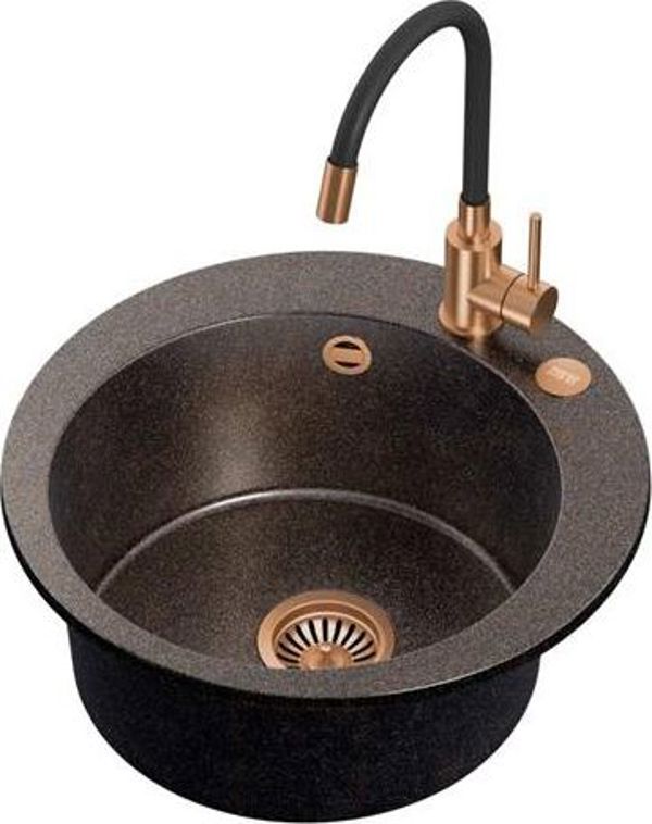 Νεροχύτης Steiner ART JAMES 210 (Ø51x20) Steingran Art Copper Black Pearl με χειροκίνητο σιφώνιο και βρύση Maggie PVD χαλκού