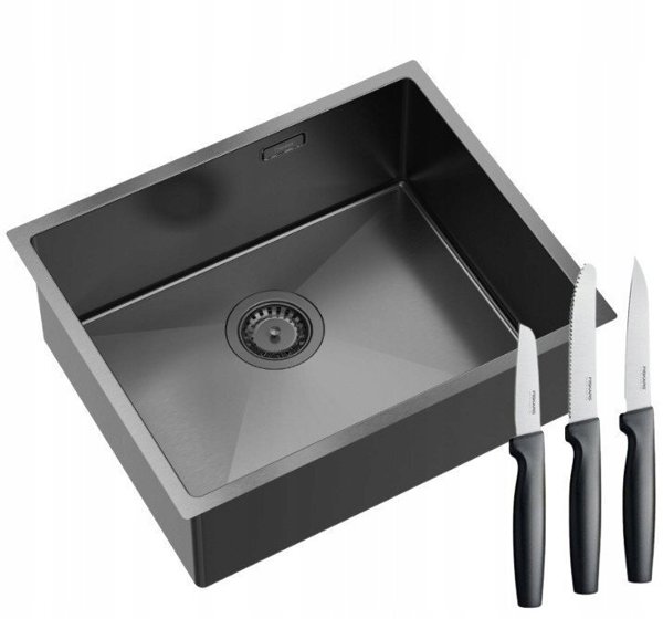 Zlewozmywak GraniteQ Quadron | ANTHONY 60 | stalowy zlewozmywak kuchenny GRAPHITE METAL PVD | wymiary: 54 x 44 x 19 cm | 1-komorowy podwieszany/wpuszczany | podbudowa szafki: od 60 cm [outlet]