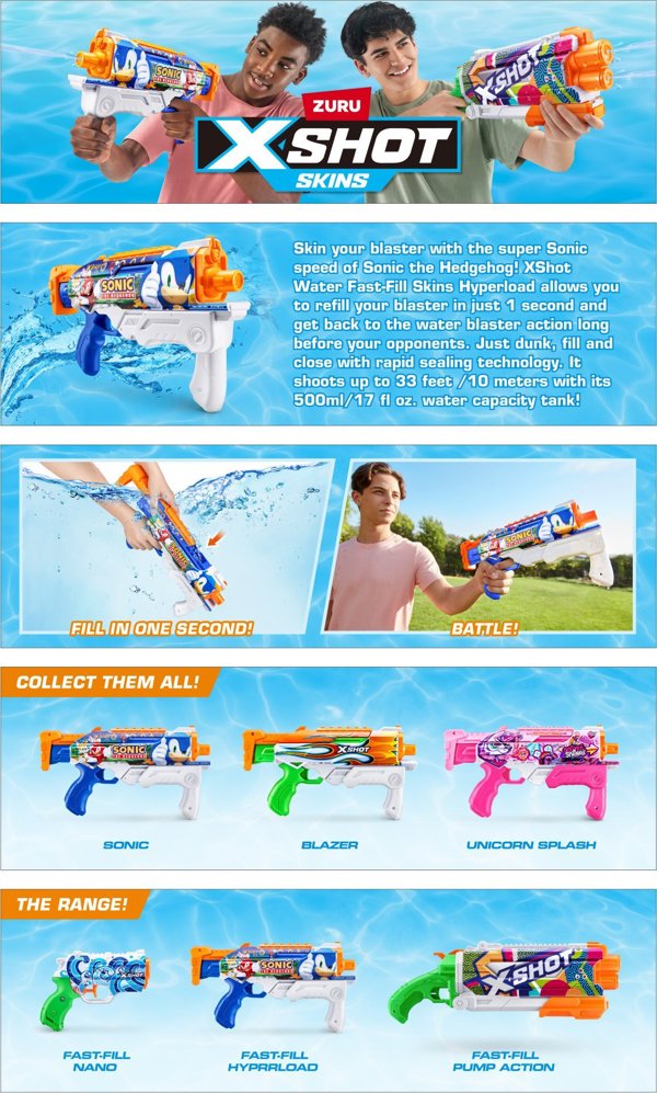 Zuru XSHOT Water Fast-Fill Skins Sonic The Hedgehog Hyperload Water Blaster