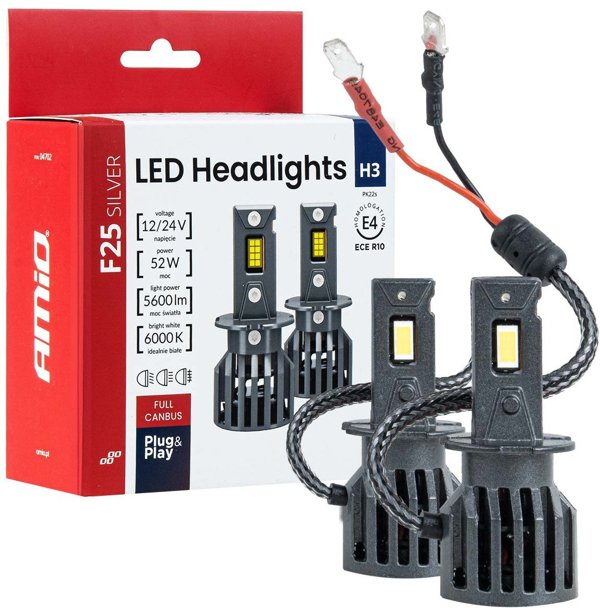 Zarowki samochodowe led f25 silver full canbus 52w h3 12v 24v amio-04702