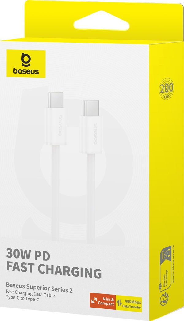 Καλώδιο USB Baseus USB-C - USB-C 2 m Λευκό (6932172648794)