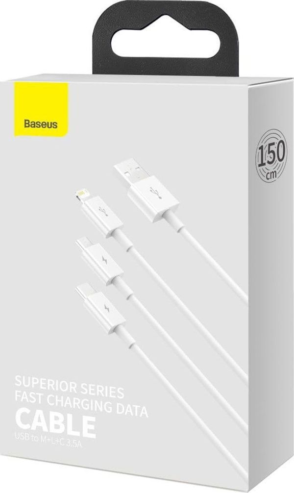 USB cable 3in1 Baseus Superior Series, USB to micro USB / USB-C / Lightning, 3.5A, 1.2m (white)