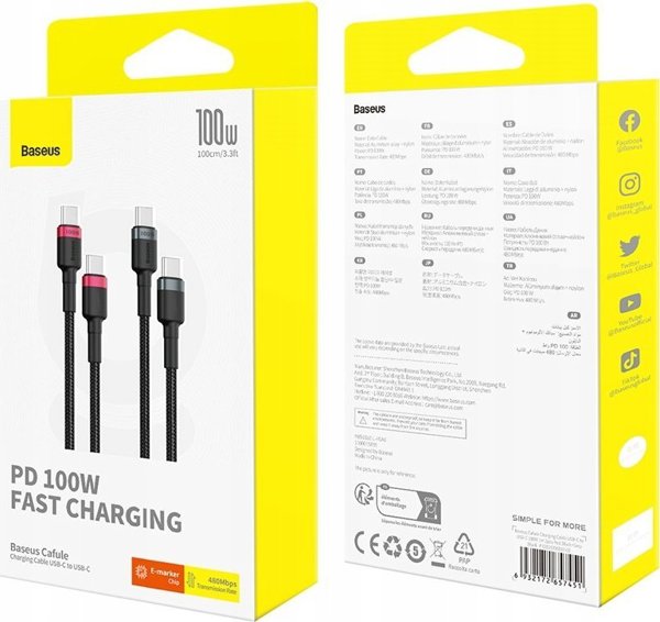 Cable Baseus Cafule USB-C do USB-C 100W, 1m, 2-Pack (Red-Black, Gray-Black)