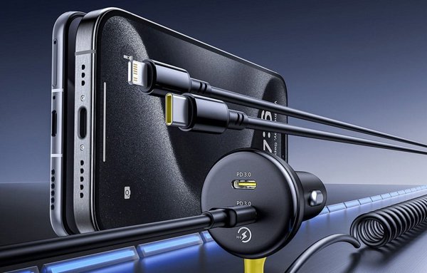 Φορτιστής αυτοκινήτου Baseus 60W 2xUSB-C + ενσωματωμένο καλώδιο USB-C, Lightning (Μαύρη)