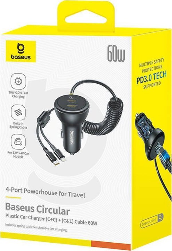 Φορτιστής αυτοκινήτου Baseus 60W 2xUSB-C + ενσωματωμένο καλώδιο USB-C, Lightning (Μαύρη)