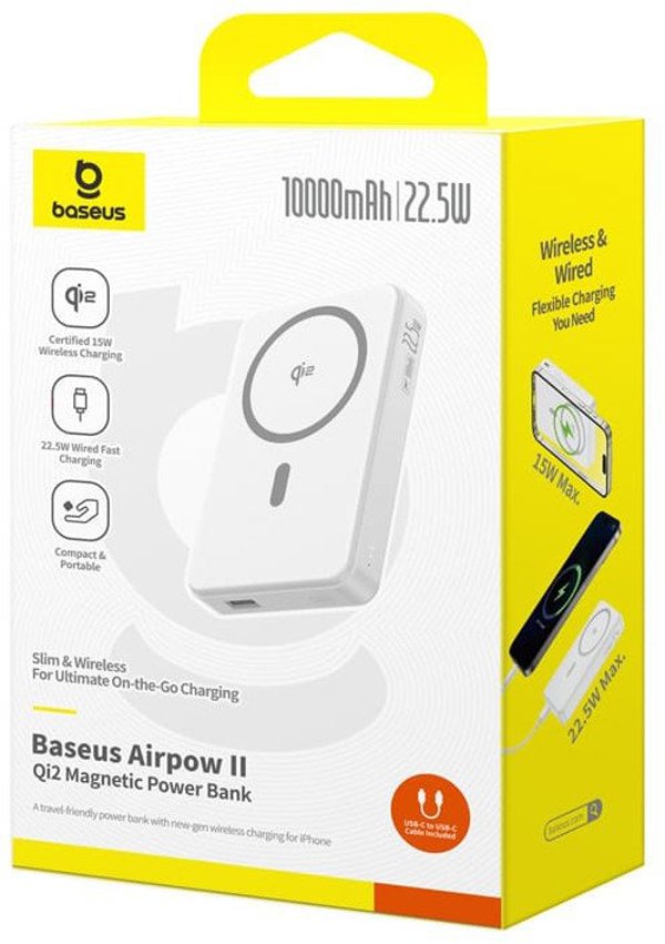 Powerbank Baseus Airpow II 10000mAh Qi2 με MagSafe 22,5W με καλώδιο Baseus Simple Series USB-C - USB-C 20V/3A (30cm) - λευκό