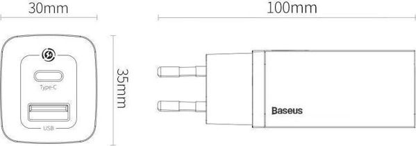 Baseus Φορτιστής Χωρίς Καλώδιο με Θύρα USB-A και Θύρα USB-C Quick Charge 3.0 Μαύρος (CCGAN2L-B01) (BASCCGAN2L-B01)