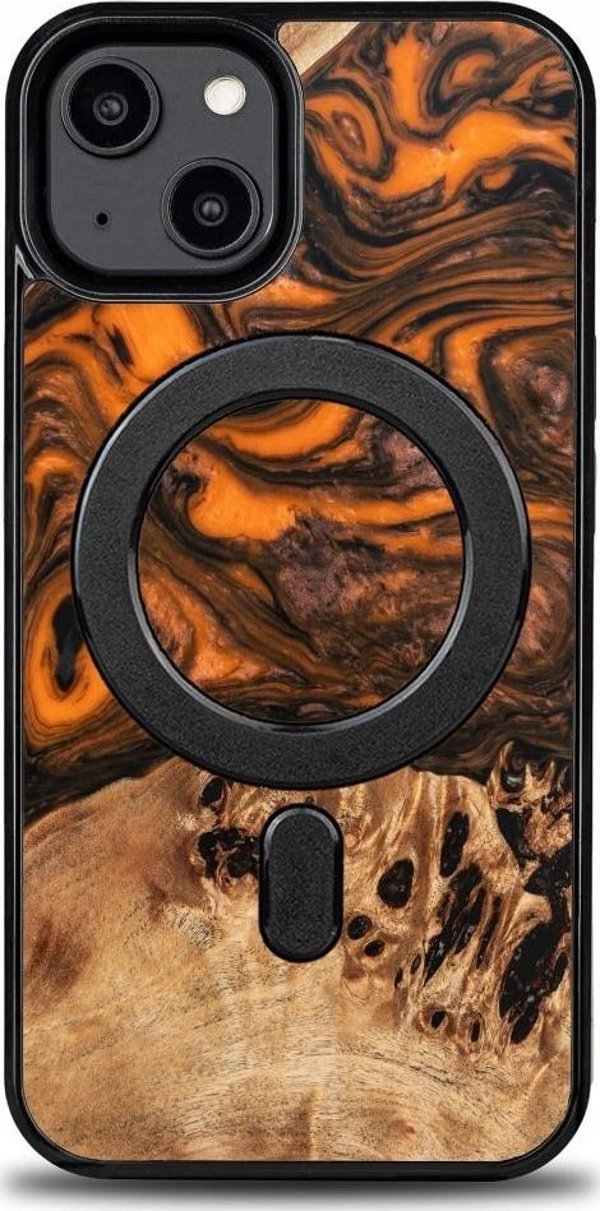 Θήκη από ξύλο και ρητίνη για iPhone 15 Plus MagSafe Bewood Unique Orange - πορτοκαλί-μαύρο