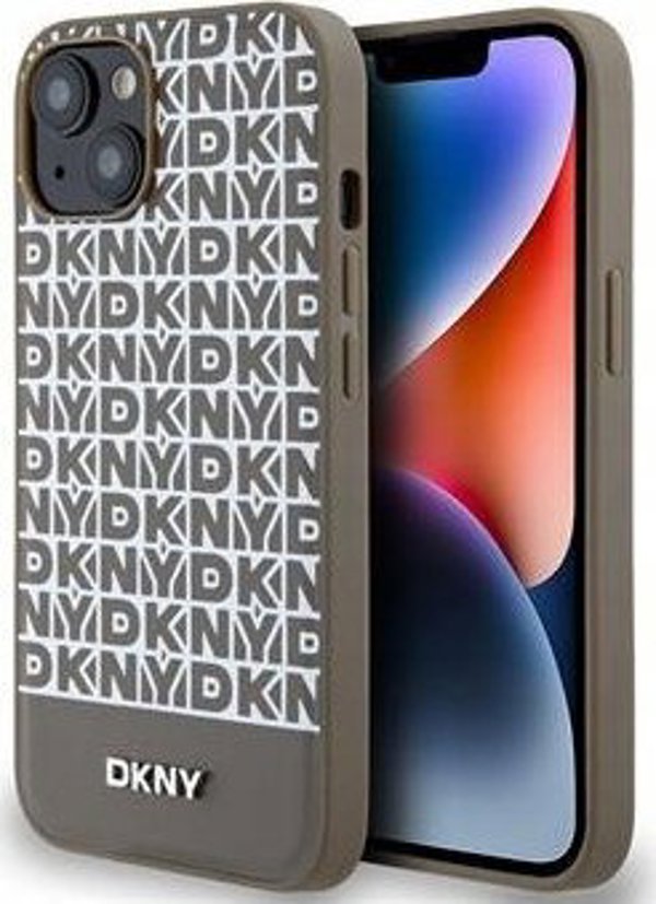 DKNY DKNY DKHMP15SPSOSPW iPhone 15 / 14 / 13 6.1" καφέ σκληρή θήκη Δερμάτινο Εκτυπωμένο Σχέδιο Μεταλλικό Λογότυπο MagSafe