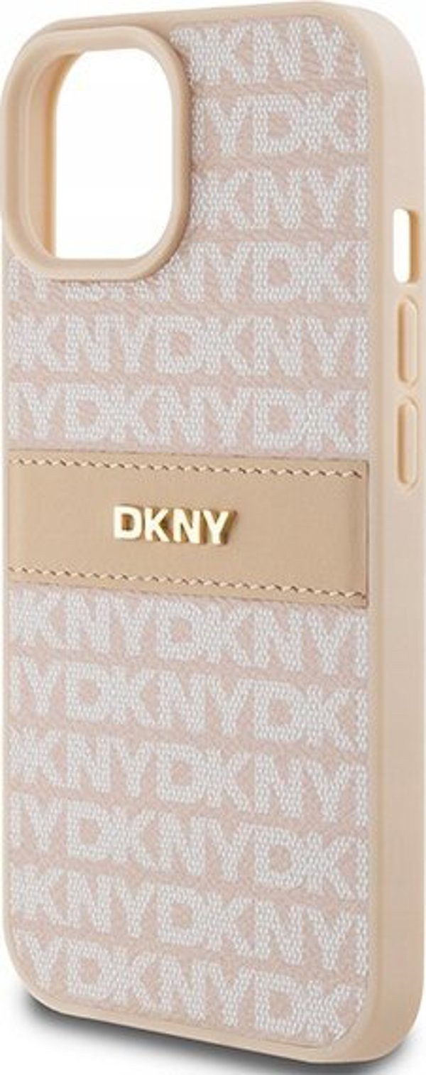 Case IPHONE 13 / 14 / 15 DKNY Hardcase Leather Mono Stripe & Metal Logo (DKHCP15SPRTHSLP) pink