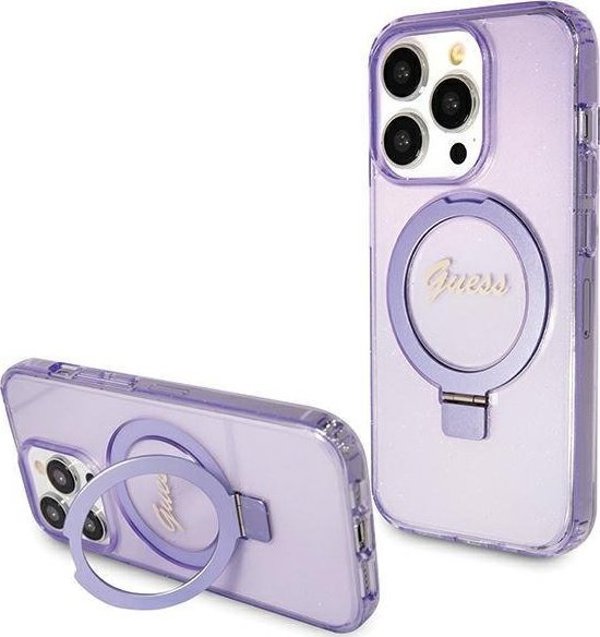 Guess Guess GUHMP15LHRSGSU iPhone 15 Pro 6.1" μοβ σκληρή θήκη Ring Stand Script Glitter MagSafe