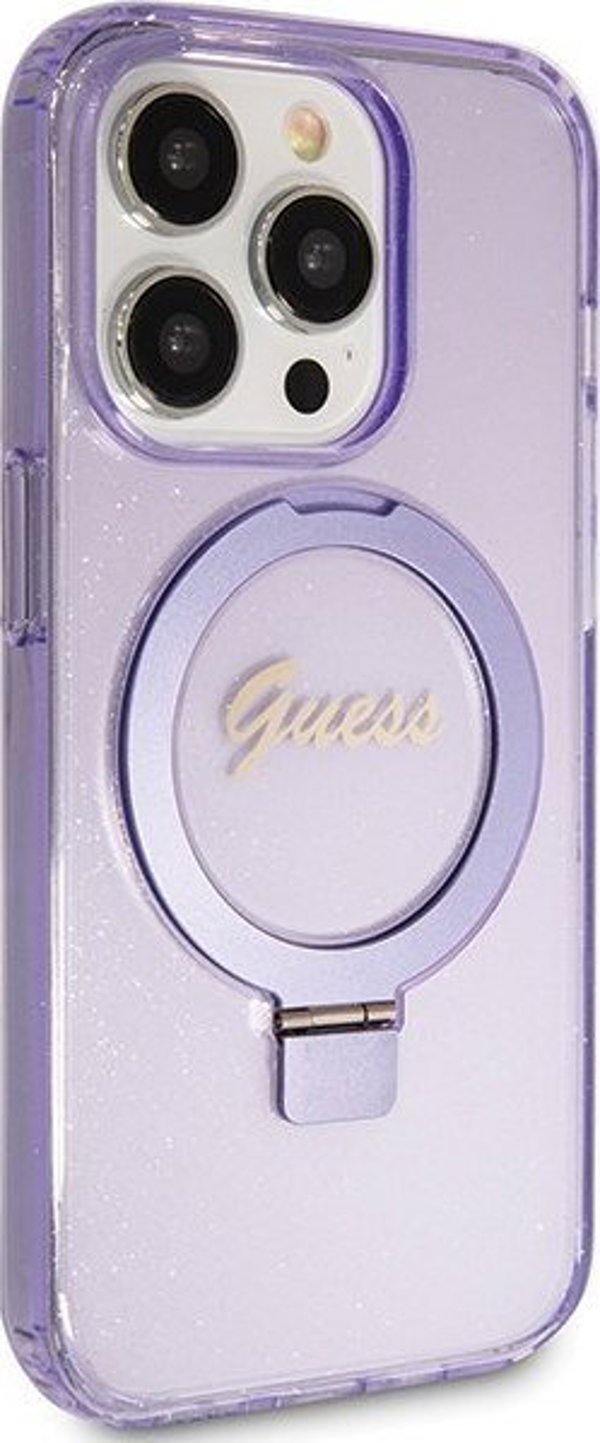 Guess Guess GUHMP15LHRSGSU iPhone 15 Pro 6.1" μοβ σκληρή θήκη Ring Stand Script Glitter MagSafe