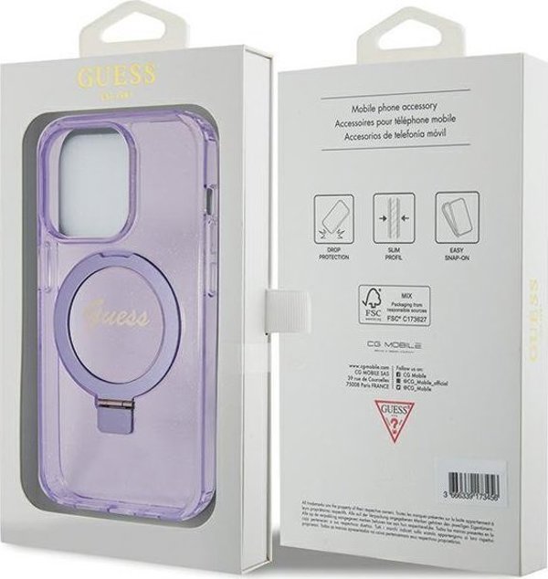 Guess Guess GUHMP15LHRSGSU iPhone 15 Pro 6.1" μοβ σκληρή θήκη Ring Stand Script Glitter MagSafe