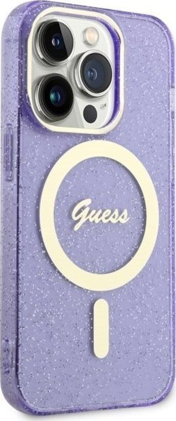 Guess case for iPhone 14 Pro 6,1" GUHMP14LHCMCGU purple hardcase Magsafe IML Glitter Gold 3666339125684