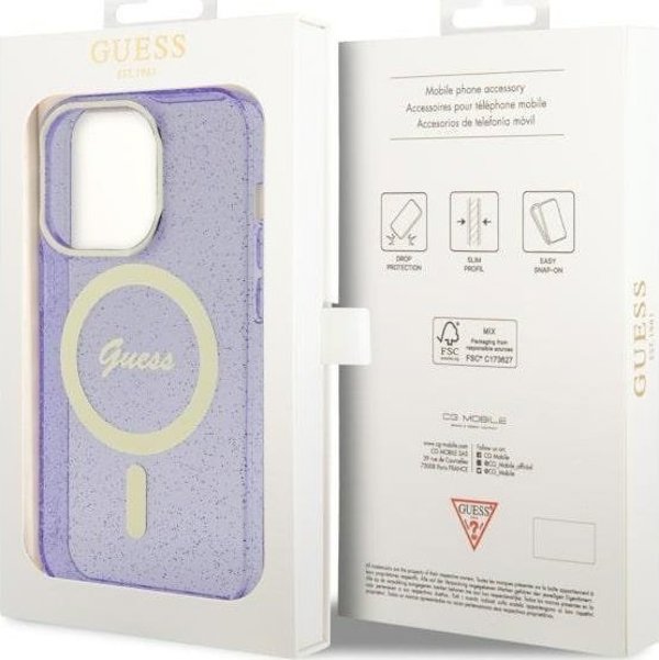 Guess case for iPhone 14 Pro 6,1" GUHMP14LHCMCGU purple hardcase Magsafe IML Glitter Gold 3666339125684