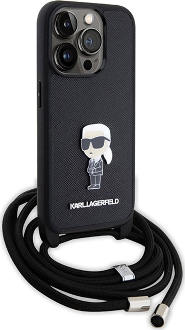 Karl Lagerfeld Karl Lagerfeld KLHCP15LSASKNPSK iPhone 15 Pro 6.1" σκληρή θήκη μαύρη Crossbody Saffiano Monogram Metal Pin Karl & Choupette