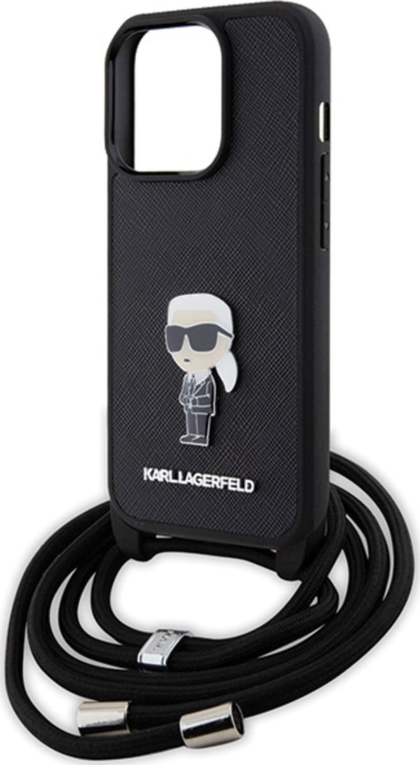Karl Lagerfeld Karl Lagerfeld KLHCP15LSASKNPSK iPhone 15 Pro 6.1" σκληρή θήκη μαύρη Crossbody Saffiano Monogram Metal Pin Karl & Choupette