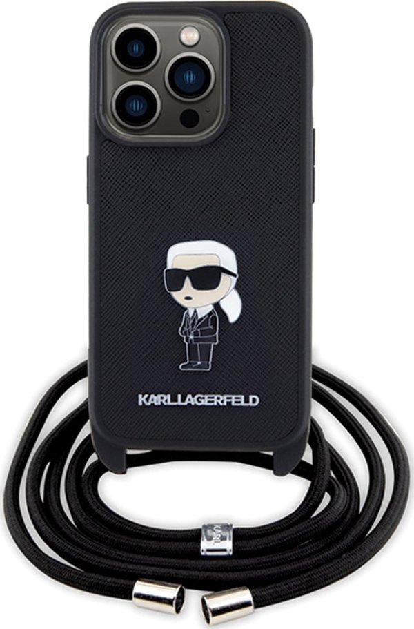 Karl Lagerfeld Karl Lagerfeld KLHCP15LSASKNPSK iPhone 15 Pro 6.1" σκληρή θήκη μαύρη Crossbody Saffiano Monogram Metal Pin Karl & Choupette