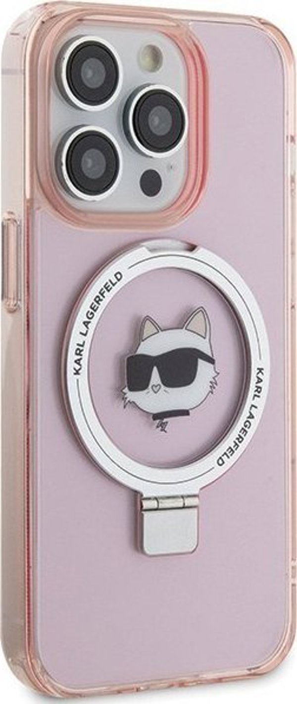 Σκληρή θήκη Karl Lagerfeld KLHMP15LHMRSCHP iPhone 15 Pro 6.1" ροζ με βάση δαχτυλιδιού Choupette Head MagSafe