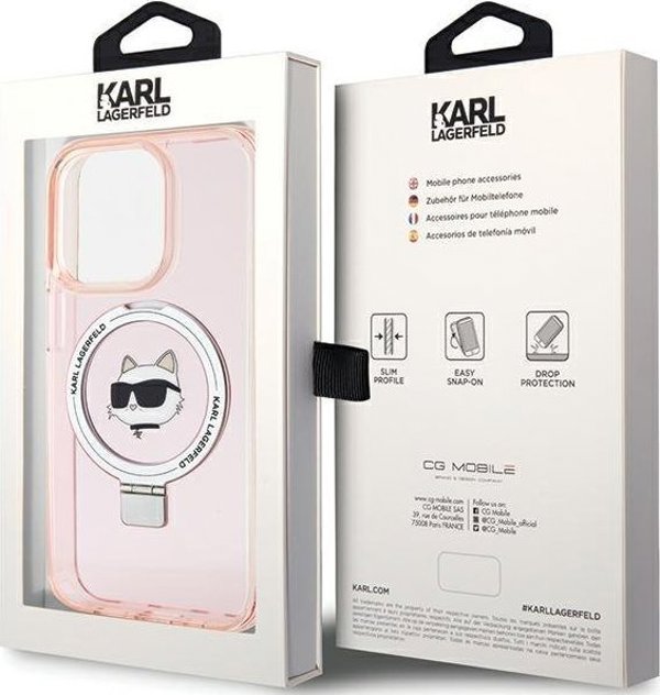 Σκληρή θήκη Karl Lagerfeld KLHMP15LHMRSCHP iPhone 15 Pro 6.1" ροζ με βάση δαχτυλιδιού Choupette Head MagSafe