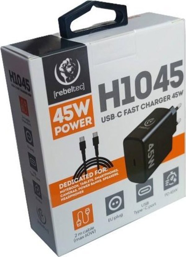 Προσαρμογέας Rebeltec PD45W USB-C καθολικός για φορητούς υπολογιστές, smartphones, tablets, power banks και άλλες συσκευές με θύρα τροφοδοσίας USB-C.