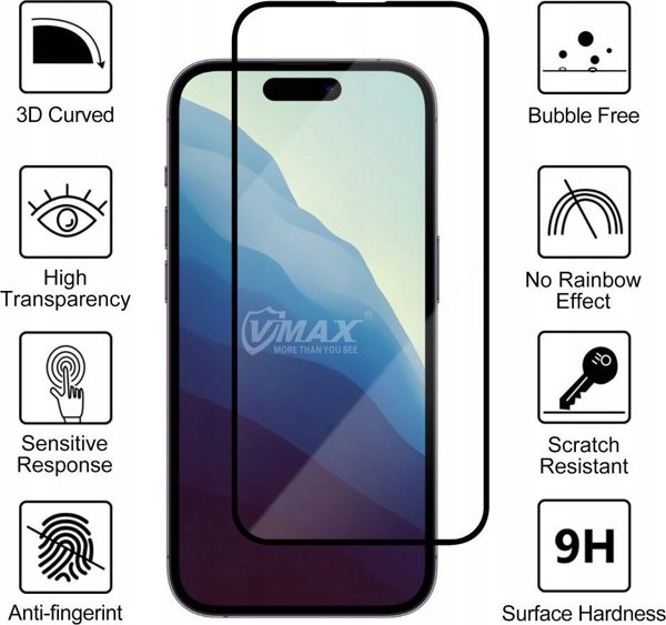 Vmax 9D Full Face Tempered Glass for Apple iPhone 16 Plus