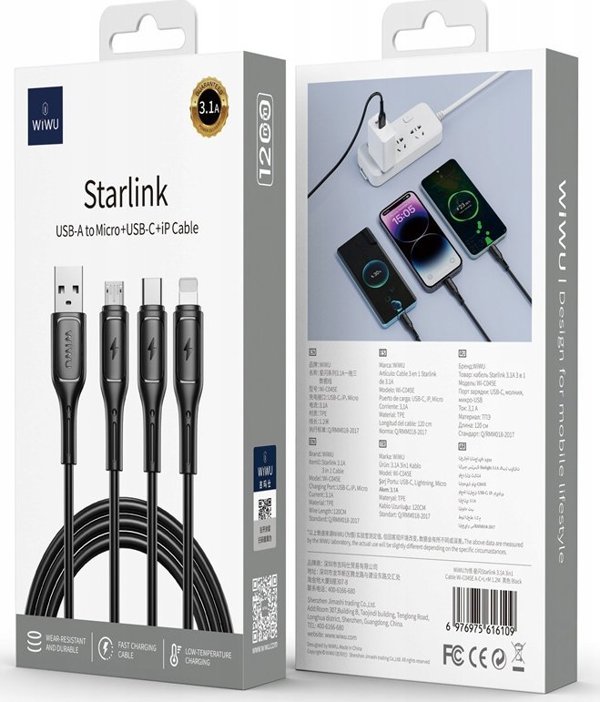 WiWU - Καλώδιο USB σειράς Starlink Wi-C045E 3 σε 1 USB A σε USB C, Micro USB, Lightning 3,1A 1m - μαύρο