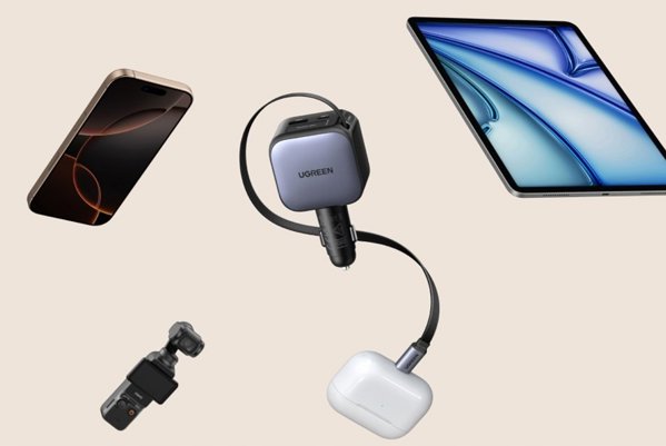 UGREEN Nexode 145W Fast Car Charger, 1x USB-A, 1x USB-C, 1x Ausziehbares USB-C Καλώδιο 70cm