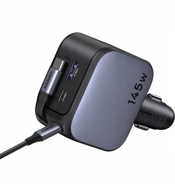 UGREEN Nexode 145W Fast Car Charger, 1x USB-A, 1x USB-C, 1x Ausziehbares USB-C Καλώδιο 70cm