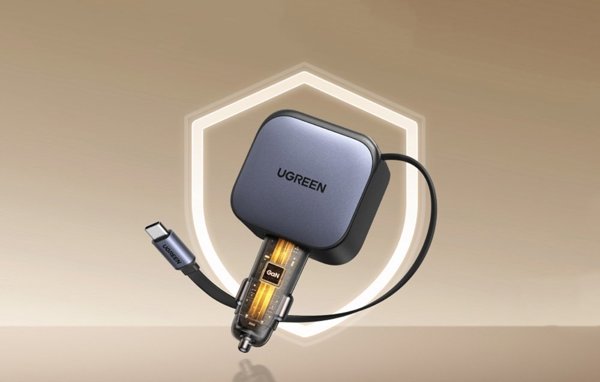 UGREEN Nexode 145W Fast Car Charger, 1x USB-A, 1x USB-C, 1x Ausziehbares USB-C Καλώδιο 70cm