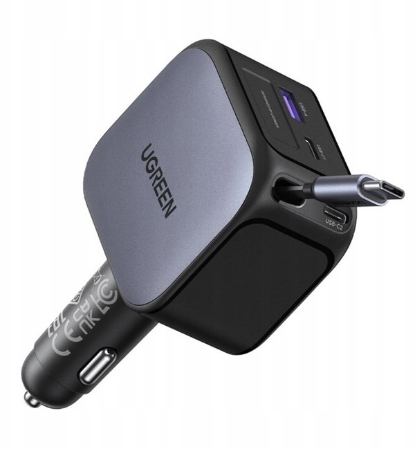 UGREEN Nexode 145W Fast Car Charger, 1x USB-A, 1x USB-C, 1x Ausziehbares USB-C Καλώδιο 70cm